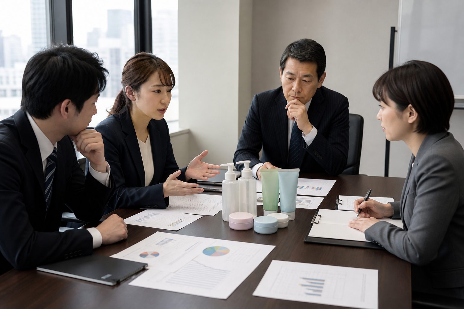 商品サンプルを前に価格改定を議論する社内会議