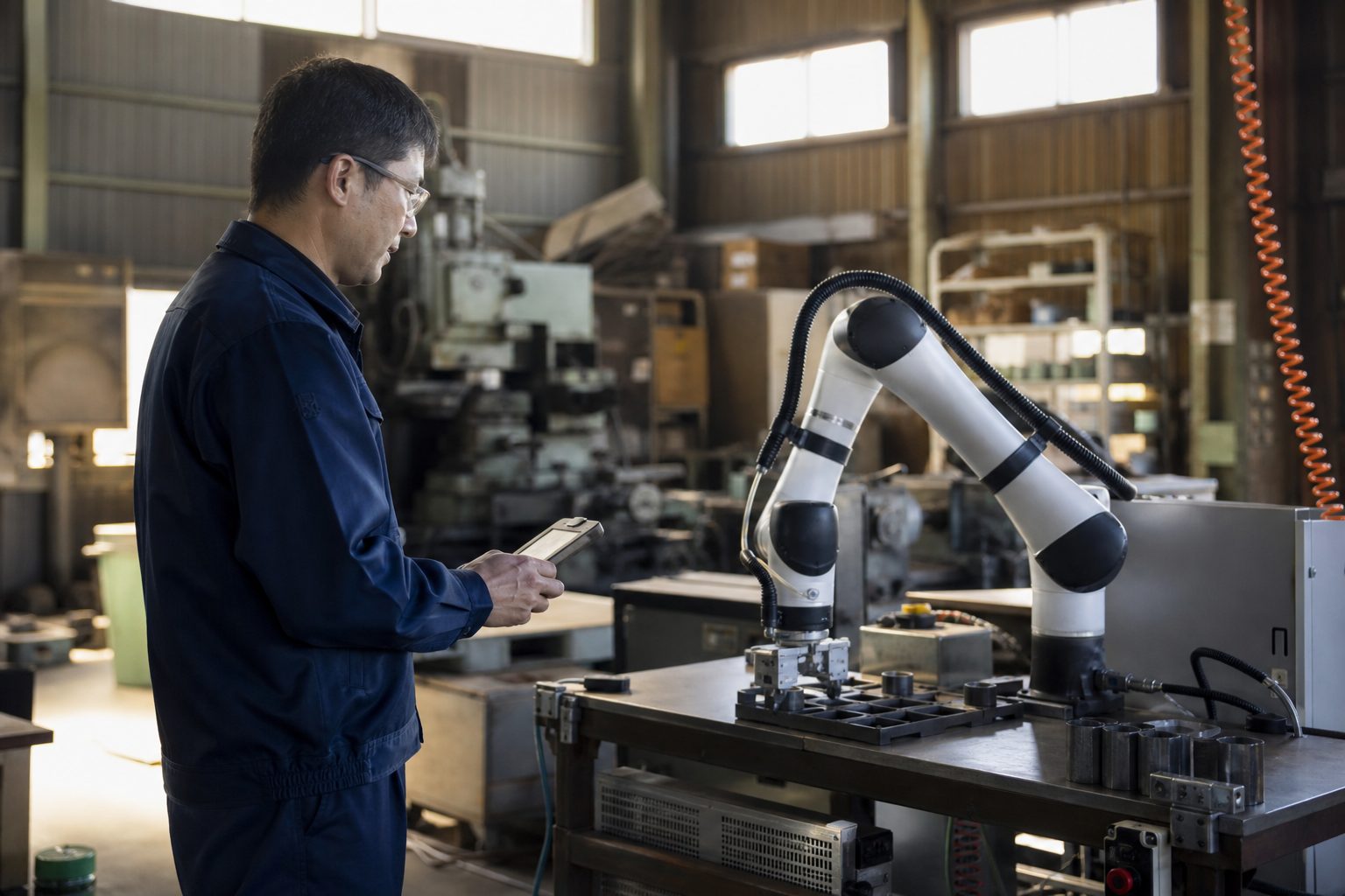省力化投資で導入された産業用ロボットを操作する工場の作業者
