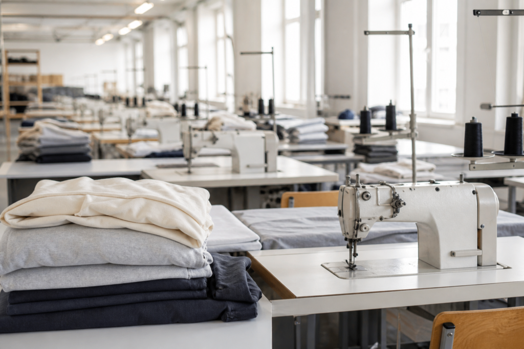 無地の衣服が並ぶ明るい縫製ライン
