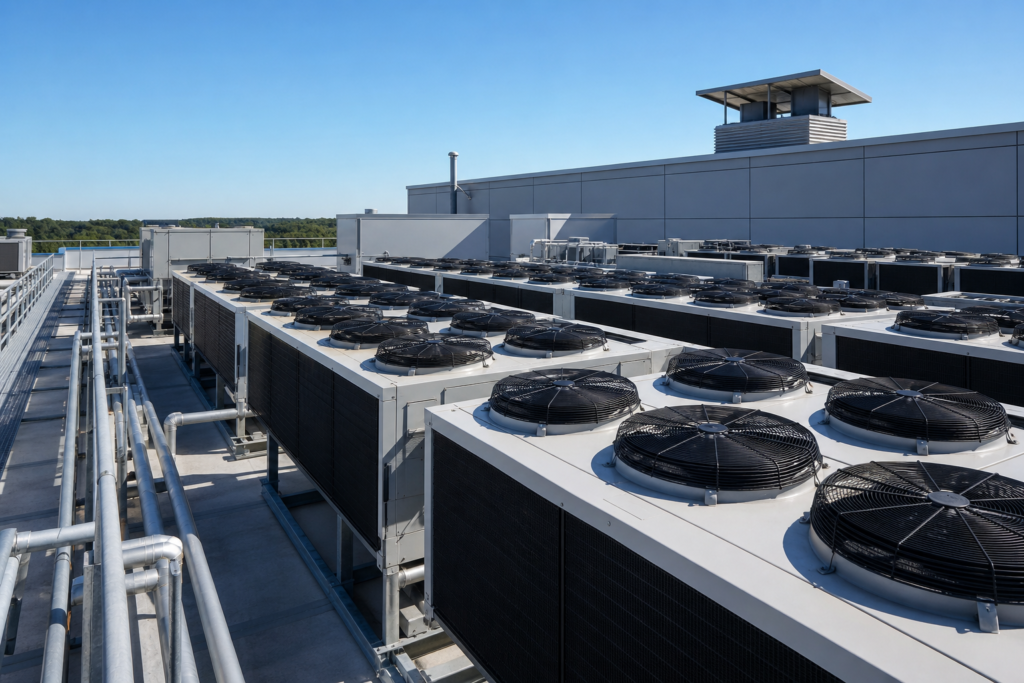 商業ビル屋上に並ぶ大型空調・HVACユニット群