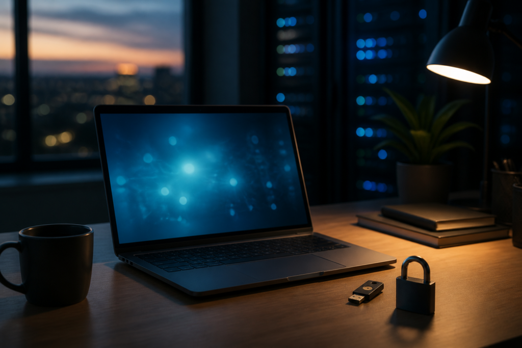 夜のオフィスデスクのノートPCと南京錠