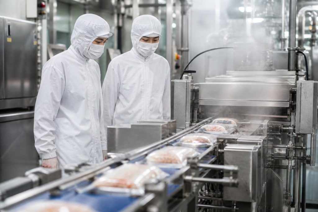 食品工場の生産ラインを点検する作業者