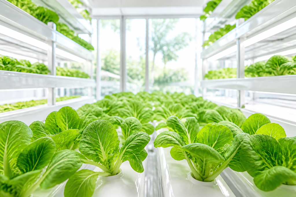 明るい植物工場で育つ葉物野菜