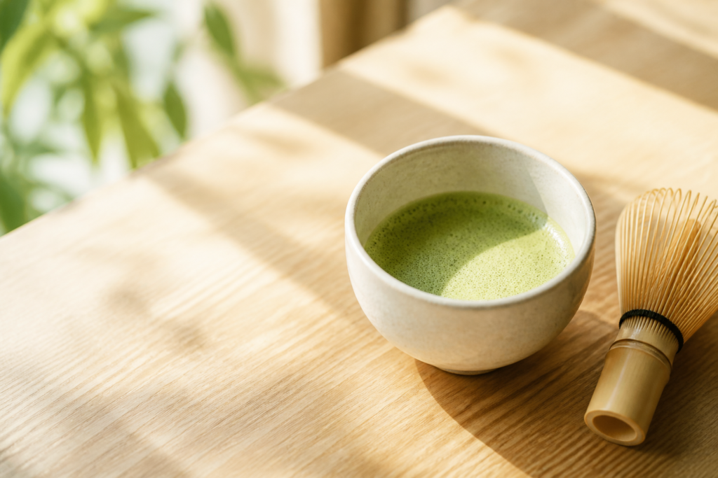 明るい木の机の上の無地の抹茶茶碗