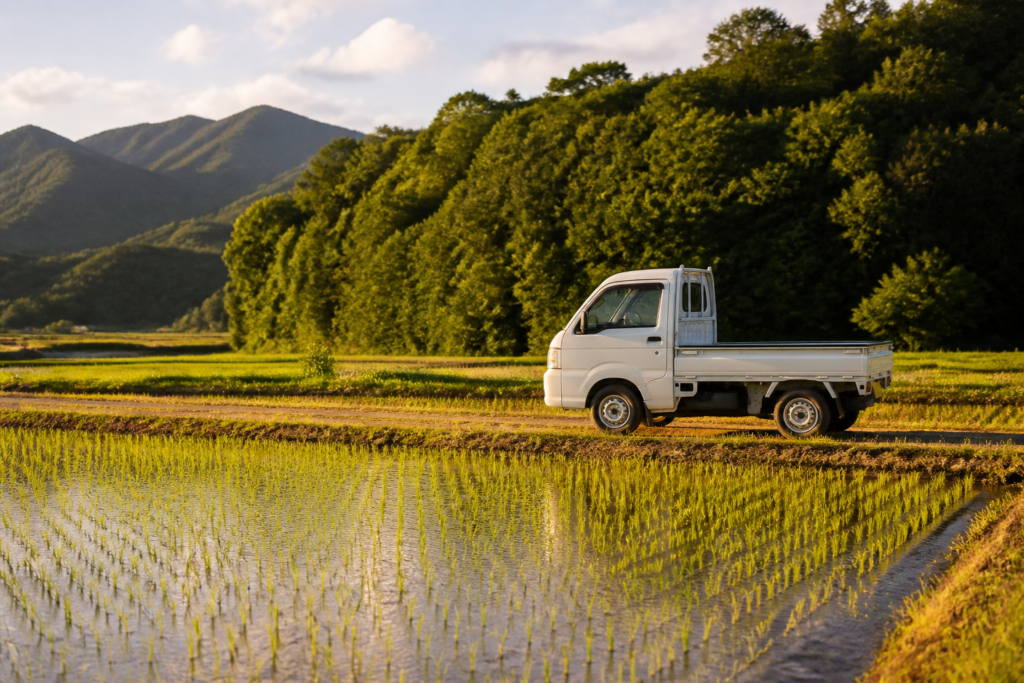 無地の米袋が積まれた明るい集荷倉庫