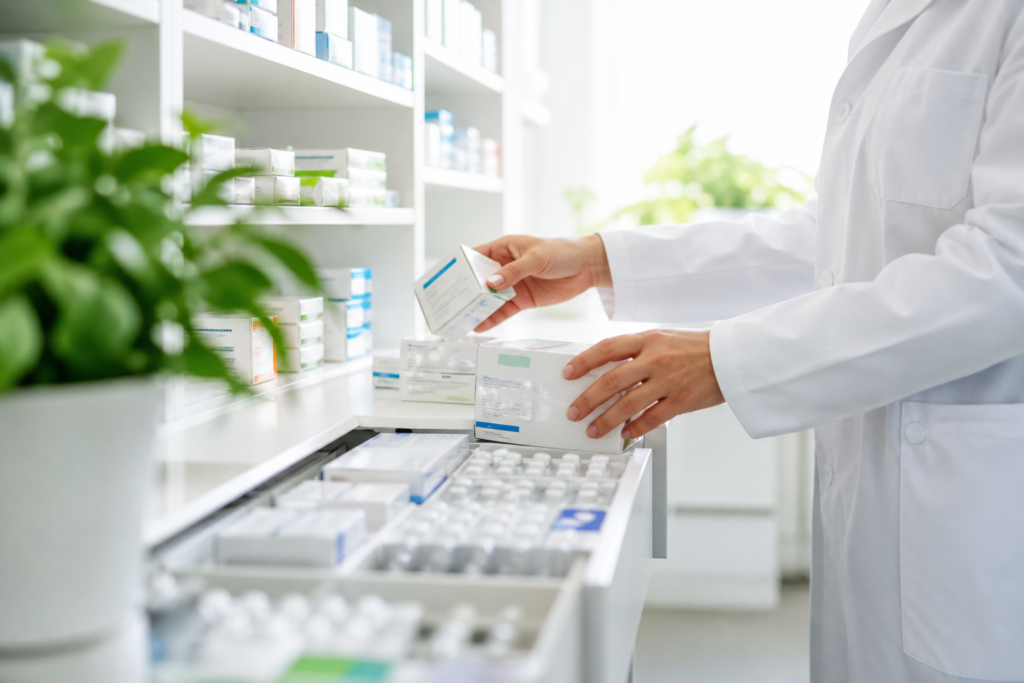 明るい調剤カウンターで医薬品を扱う薬剤師の手元