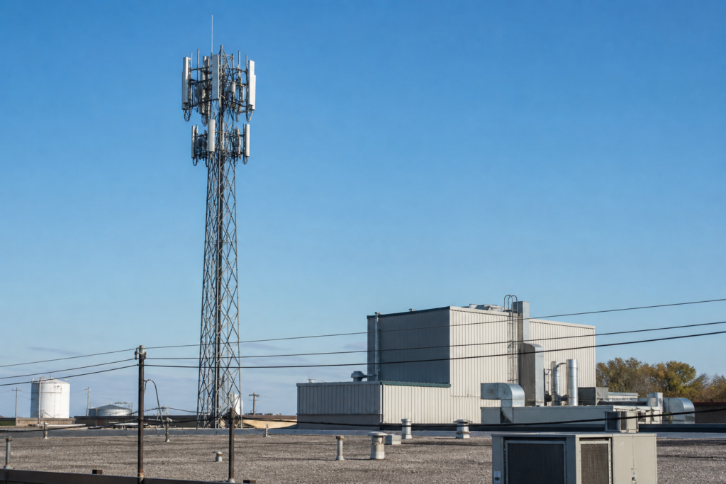 中小工場の屋根越しに立つ5G通信アンテナ塔